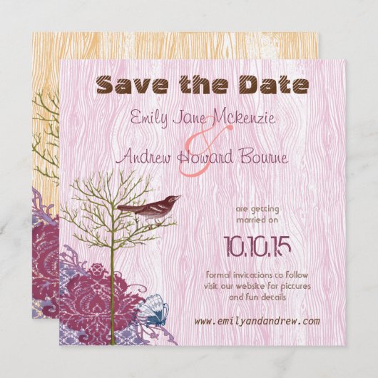  vogel op het HoutGrain-huwelijk sparen de datum Save The Date (Voorkant / Achterkant)