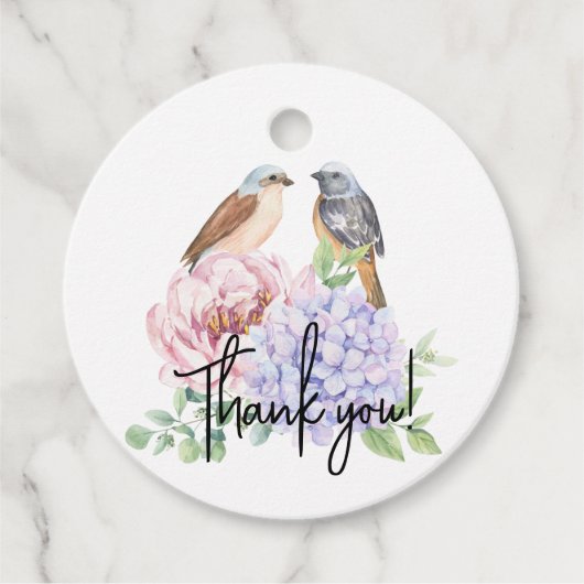 Vogel op Hydrangea Branch en Peony Wedding Bedankjes Labels (Voorkant)