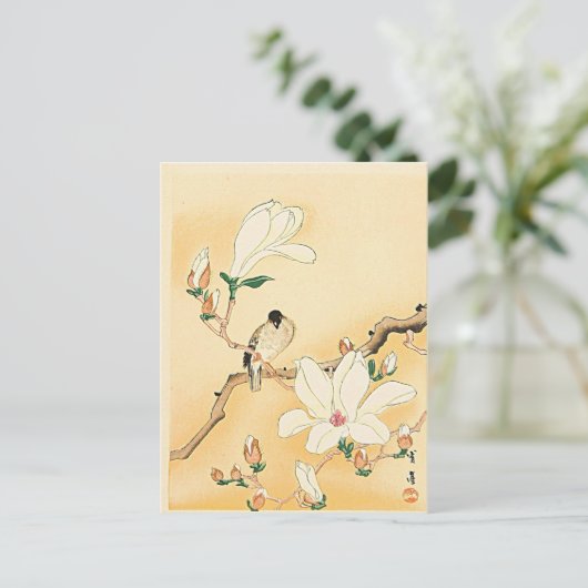 Vogel op Magnolia Tree Japanse Woodblock Print Briefkaart (Staand voorkant)