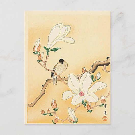 Vogel op Magnolia Tree Japanse Woodblock Print Briefkaart (Voorkant)