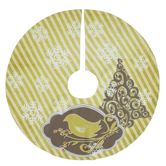 Vogel op Olijfstreep Holiday Tree Rok Kerstboom Rok (Voorkant)