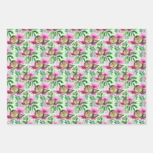 Vogel op roze bloemen bladeren takken inpakpapier vel (Voorkant 2)
