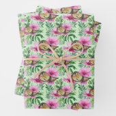 Vogel op roze bloemen bladeren takken inpakpapier vel (In situ)