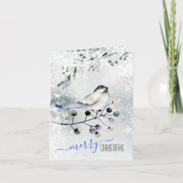 Vogel op sneeuwbijkantoor met kerst met bessen feestdagen kaart