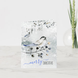 Vogel op sneeuwbijkantoor met kerst met bessen feestdagen kaart