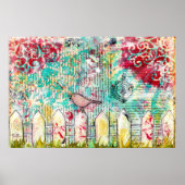 Vogel op White Picket Fence Mixed Media Print (Voorkant)
