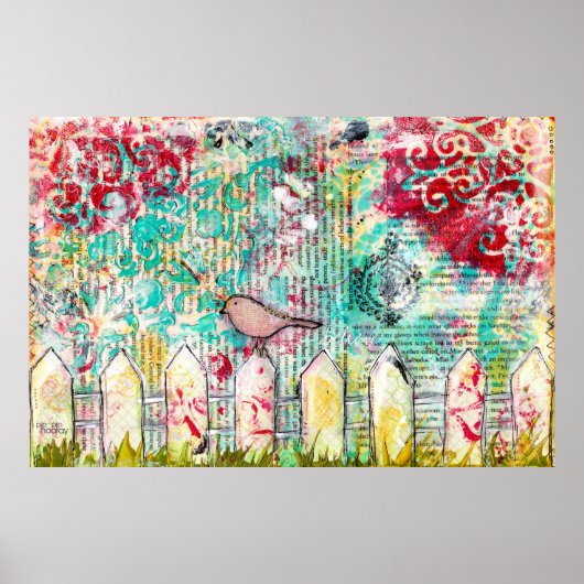Vogel op White Picket Fence Mixed Media Print (Voorkant)