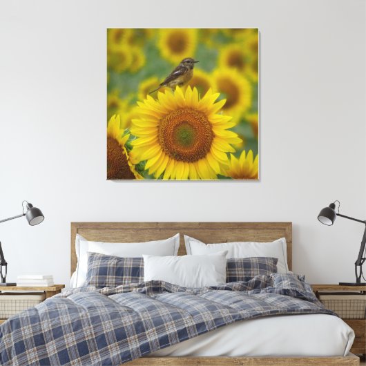 Vogel op Zonnebloem - Natuur Fotografie Print (Insitu (Slaapkamer))