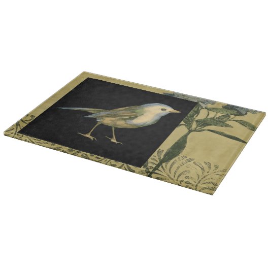 Vogel op zwarte en  achtergrond snijplank (Hoek)