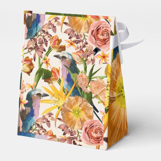 Vogel, oranje lentebloemen, tropische illustratie bedankdoosjes (Achterkant)