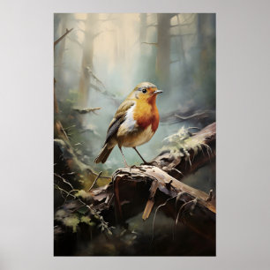 Vogel Robin in bos muurprint, vogel rustiek Poster