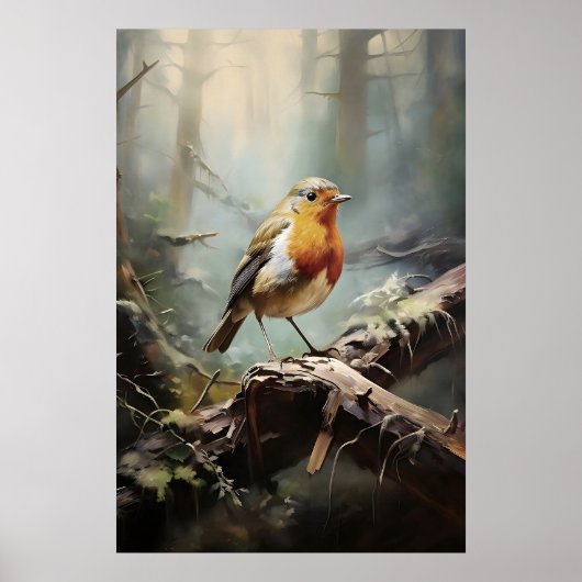 Vogel Robin in bos muurprint, vogel rustiek Poster (Voorkant)