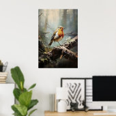 Vogel Robin in bos muurprint, vogel rustiek Poster (Thuiskantoor)