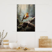 Vogel Robin in bos muurprint, vogel rustiek Poster (Keuken)