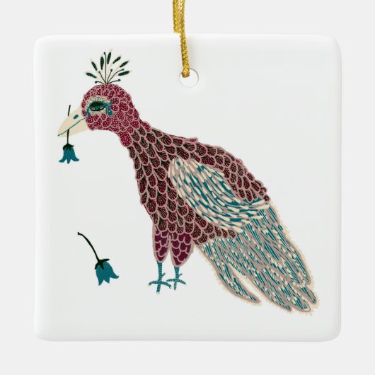 Vogel rood met blauwe bloemen keramisch ornament (Voorkant)