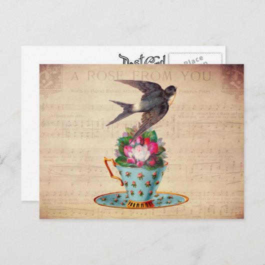  vogel, Rozen en Teacup Briefkaart (Voorkant / Achterkant)