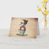  vogel, Rozen en Teacup Kaart (Gele Bloem)