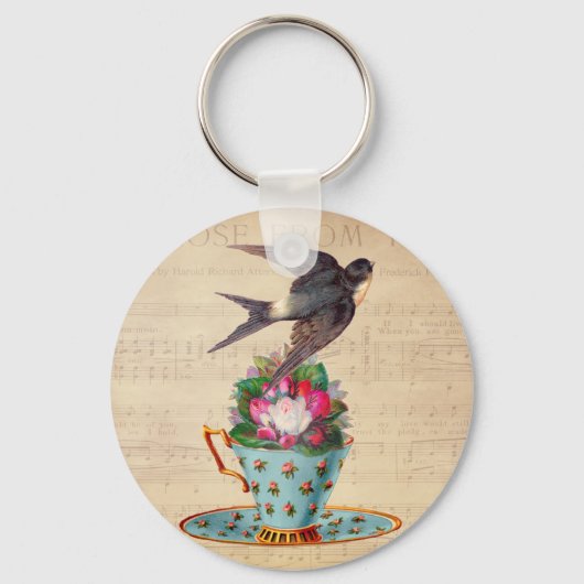  vogel, Rozen en Teacup Sleutelhanger (Voorkant)
