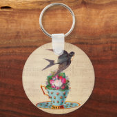  vogel, Rozen en Teacup Sleutelhanger (Voorkant)