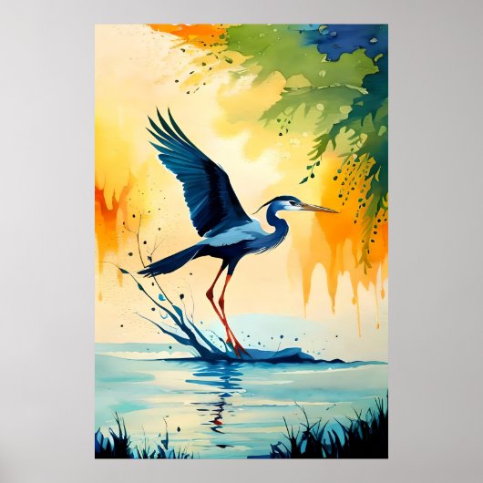 Vogel schilderij driekleurige reiger vangst vis in poster (Voorkant)