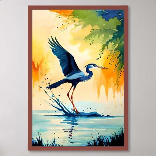 Vogel schilderij driekleurige reiger vangst vis in poster