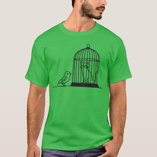 Vogel staren naar kat in vogelkooi 1 kleur Vector  T-shirt (Voorkant)
