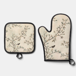 Vogel Tak Waterverf Beige Natuur Schilderij Ovenwant & Pannenlap Set