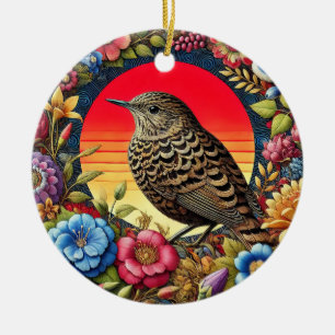 Vogel te midden van kleurrijke bloemen keramisch ornament