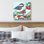 Vogel van Chickadee met bessen op bijkantoor Canvas Afdruk (Insitu (Slaapkamer))