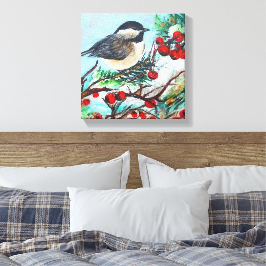 Vogel van Chickadee met bessen op bijkantoor Canvas Afdruk (Insitu (Slaapkamer))