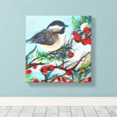 Vogel van Chickadee met bessen op bijkantoor Canvas Afdruk (Insitu (Houten vloer))