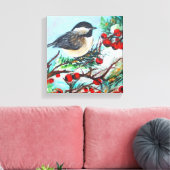 Vogel van Chickadee met bessen op bijkantoor Canvas Afdruk (Insitu (Woonkamer))