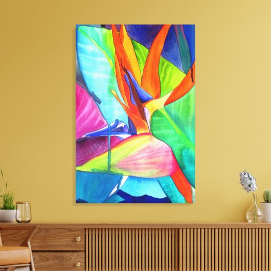 Vogel van de Paradise Strelitzia waterverf art. Canvas Afdruk (Insitu (Woonkamer))