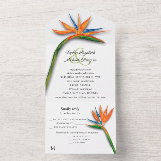 Vogel van de Paradise Waterverf Wedding All In One Uitnodiging (Binnen)