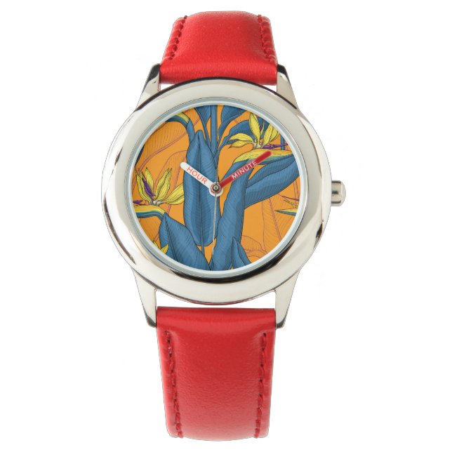 Vogel van paradijse bloemen op sinaasappel horloge (Voorkant)