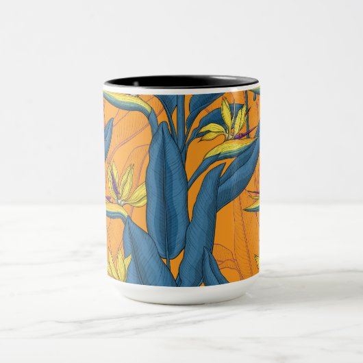 Vogel van paradijse bloemen op sinaasappel mok (Midden)