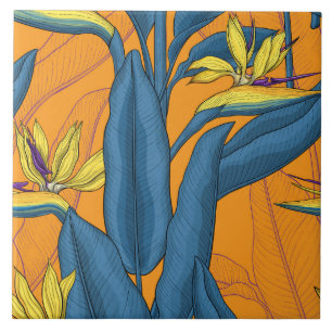 Vogel van paradijse bloemen op sinaasappel tegeltje
