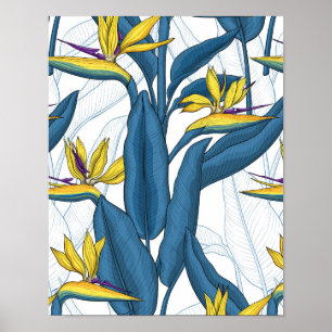 Vogel van paradijse bloemen op wit poster
