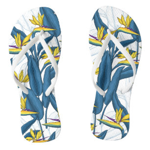 Vogel van paradijse bloemen op wit teenslippers