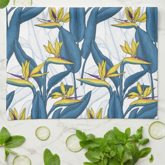 Vogel van paradijse bloemen op witte keukenhanddoe theedoek (Gevouwen)