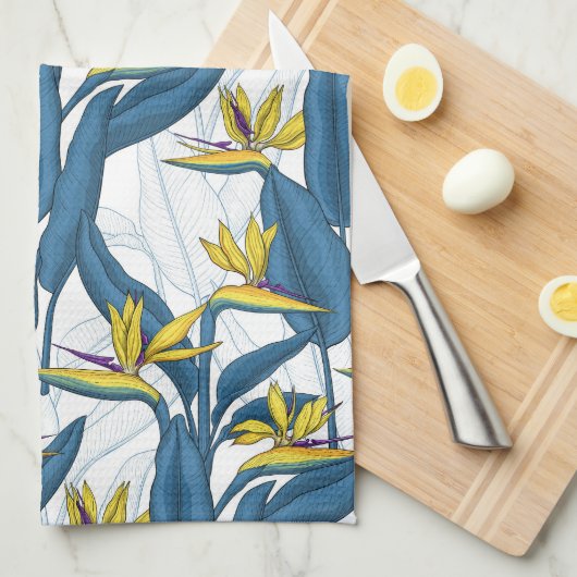 Vogel van paradijse bloemen op witte keukenhanddoe theedoek (Quarter Fold)