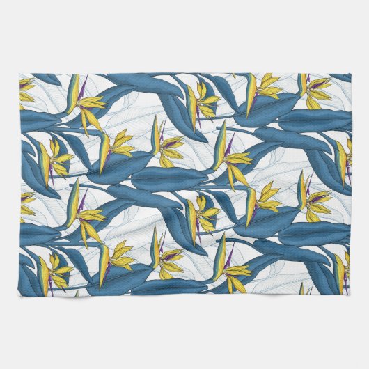 Vogel van paradijse bloemen op witte keukenhanddoe theedoek (Horizontaal)