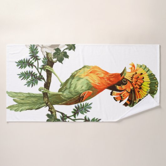 Vogel van Paradise en exotische bloemen op een wit Badhanddoek (Badhanddoek)