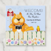 Vogel verwelkomt kat naar buurt | Nieuwe buur Bedankjes Labels (Voorkant)