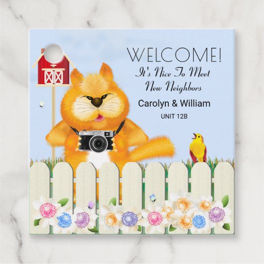 Vogel verwelkomt kat naar buurt | Nieuwe buur Bedankjes Labels (Voorkant)