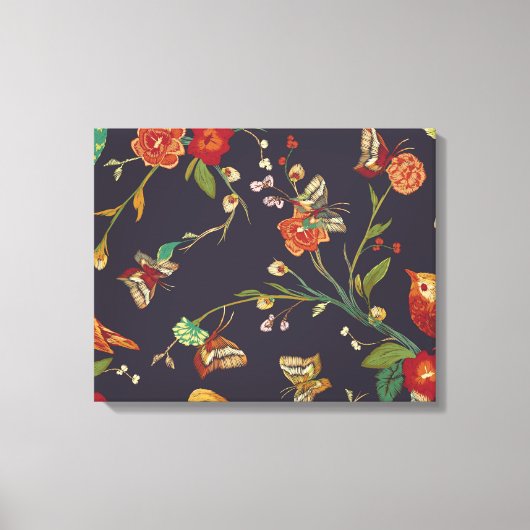  Vogel, Vlinder, Borduurwerk Waterverf. Canvas Afdruk (Voorkant)