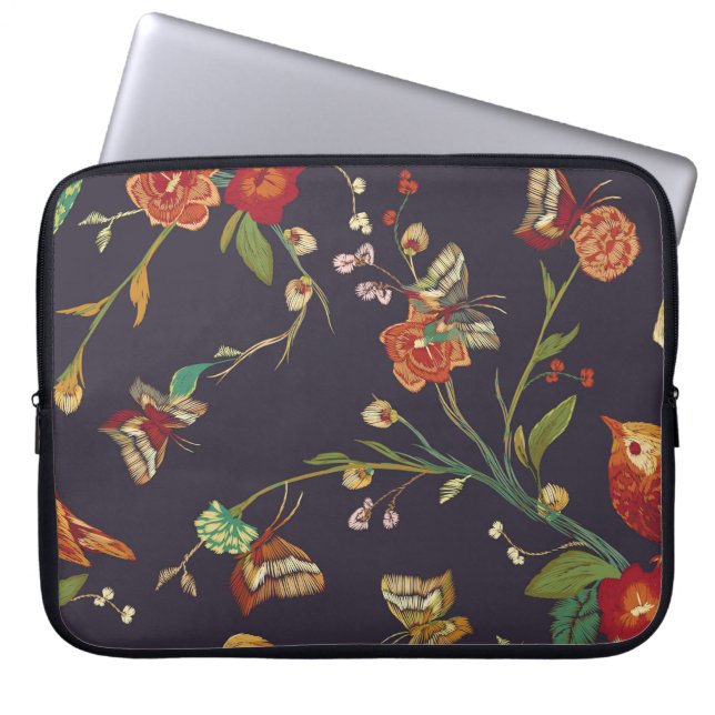  Vogel, Vlinder, Borduurwerk Waterverf. Laptop Sleeve (Voorkant)