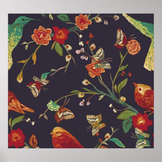  Vogel, Vlinder, Borduurwerk Waterverf. Poster (Voorkant)