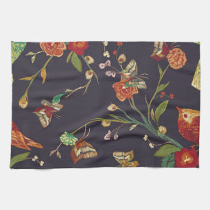 Vogel, Vlinder, Borduurwerk Waterverf. Theedoek