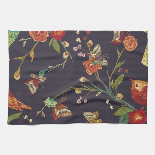  Vogel, Vlinder, Borduurwerk Waterverf. Theedoek (Horizontaal)